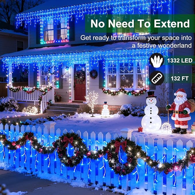 1332 LED Christmas Lights with 296 Drops,132ft 12 Modes Hanging ice String Lights with Timer & Dimmable & Waterproof, Plug-in Fairy Lights for Indoor Tree Holiday Wedding Party Christmas Decor Blue