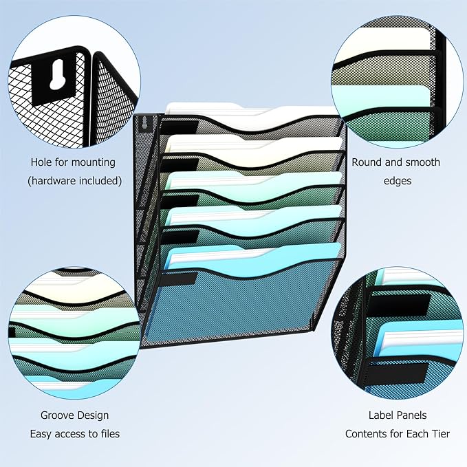 JessYo 5 Pocket Wall File Organizer Wall Mounted Mail Folder Paper Document Holder Clipboard Storage Organization Pocket Vertical Hanging Magazine Rack for Office Home School, Black