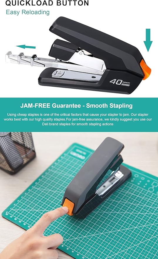 Deli Effortless Desktop Stapler, 40 Sheet Capacity, One Finger Touch Stapling, Easy to Load Ergonomic Heavy Duty Stapler, Includes 1500 Staples and Staple Remover