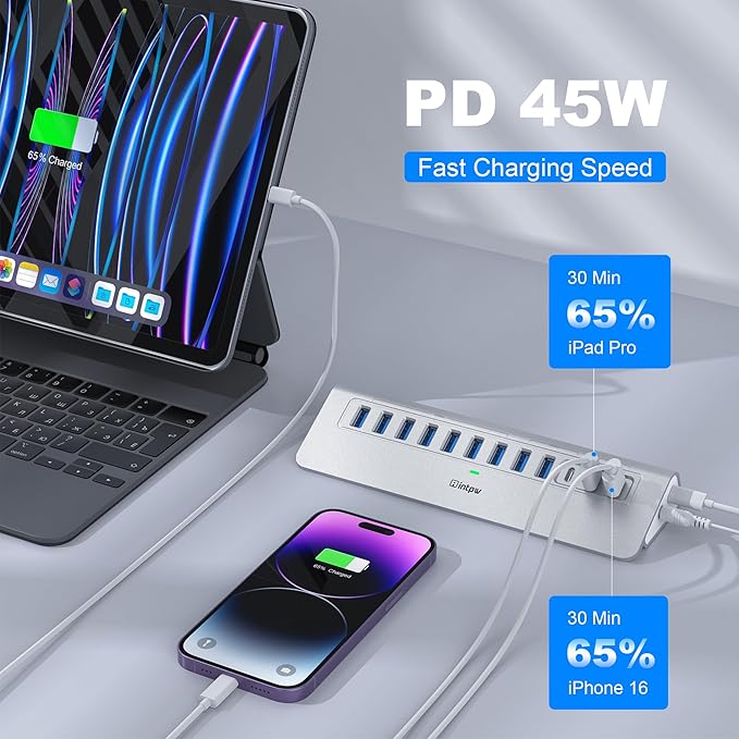 Powered USB Hub 10Gbps, intpw 12 Port USB C Hub with 10Gbps USB C 3.2, 2 USB A 3.2, 7 USB 3.0, 2 PD 45W Charging Ports, 65W Power Adapter and 3.3FT Cable, Aluminum USB Hub for Laptop, iPhone16/15, PC