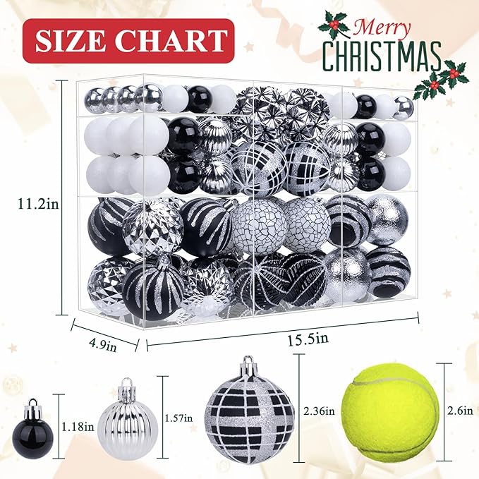 100ct Christmas Ball Ornaments Set, Black Silver and White Shatterproof Hand-Painted Hanging Baubles Decoration Bulk for Xmas Tree, Wreath, Garland, Home Holiday Decor