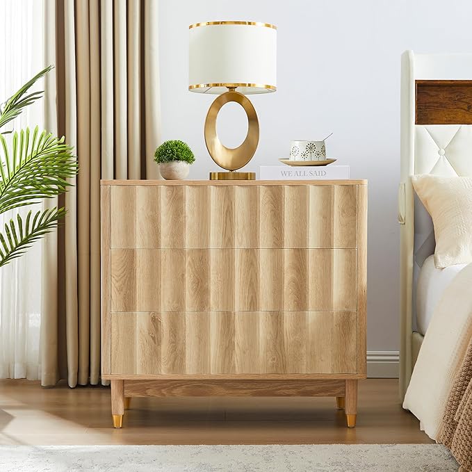 Fluted 3 Drawer Dresser, 31.5" Wide Modern Storage Chest of Drawers, Wood Drawer Organizer for Bedroom, Living Room, Hallway