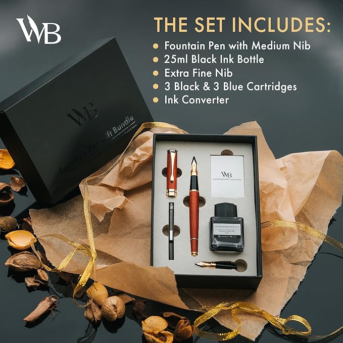 Wordsworth & Black Fountain Pen Set, Luxury Bamboo Wood - Medium Nib, Extra Fine Nib, Gift Case; 25ML Black Ink Bottle, 6 Ink Cartridges, Refill Converter - Calligraphy, Writing [Brown Wood]