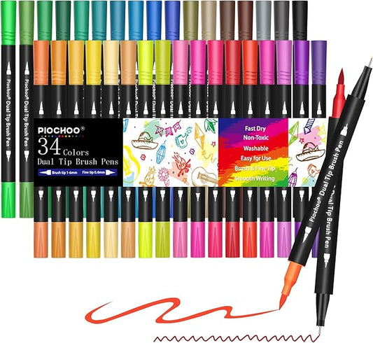 Coloring Markers Pens, 34 Dual Tip Brush Pens, Fine Point Marker set for Kids Adult Coloring Book, Bullet Journaling, Drawing