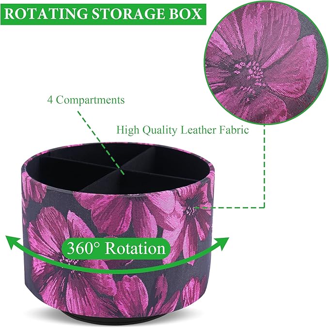 QIELIZI Round Leather Art Supply Organizer,Remote Control Holder,360 Degree Rotating,Multi-Functional Pencil Holder,4 Compartments Desktop Stationary Organizer(1-Dahlia Rose Red)
