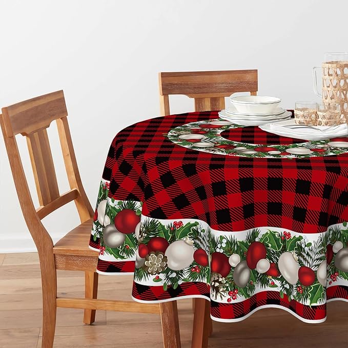 Horaldaily Christmas Tablecloth 70×70 Inch Round, Christmas Ball Ornaments Red Bufalo Plaid Washable Table Cover for Party Picnic Dinner Decor
