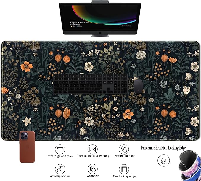 Cute Dark Floral Desk Mat Vintage Flowers Plant Mouse Pad XXL Large Extended Gaming Mousepad Women Office Decor Desk Pad, Big Laptop Computer Keyboard and Mouse Mat with Stitched Edges, 31.5x15.7 in