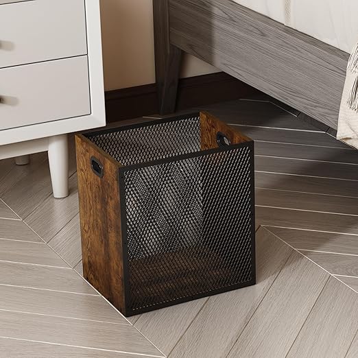 Retro Office Trash Can, Iron and Wood Combination Bedroom Garbage Can, Rectangular Design Wastebasket with Handle, Industrial Style Trash Can for Home Office, 4.5 Gallon (Patent Pending)