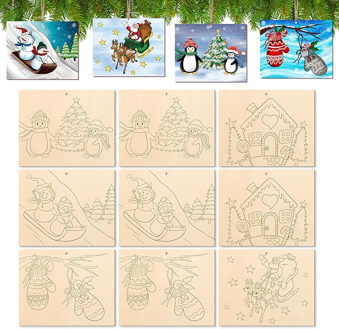 COCHIE 10 Pieces Large Christmas Unfinished Wood Crafts to Paint for Adults and Kids, Bulk Winter Predrilled Wooden Ornaments for Painting, Peppermint Candy House Paintable Wood Slices Craft Supplies