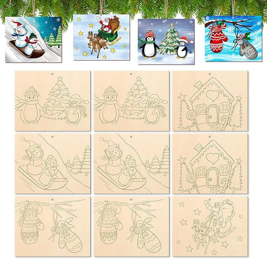 COCHIE 10 Pieces Large Christmas Unfinished Wood Crafts to Paint for Adults and Kids, Bulk Winter Predrilled Wooden Ornaments for Painting, Peppermint Candy House Paintable Wood Slices Craft Supplies