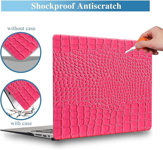 KEROM Crocodile Case for MacBook Pro 14 Inch 2024-2021 M4 M3 M2 M1 Pro/Max Chip A3112 A3185 A3401 A2918 A2992 A2779 A2442, Aligator Skin Snakeskin PU Leather Hard Shell & Keyboard Cover, Pink