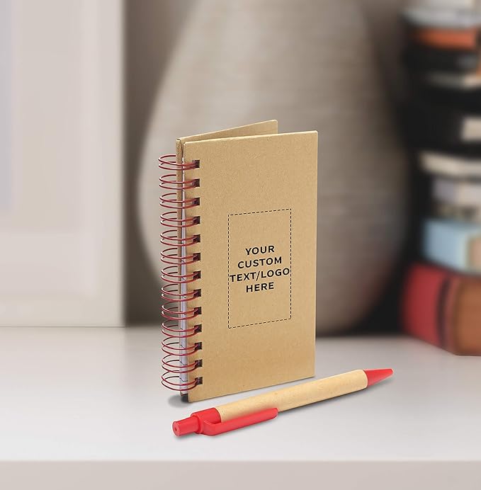 Custom Mini Spiral Notebooks with Black Ink Pens Set of 50, Personalized Bulk Pack - Perfect for School, Office, Business, Home - Red