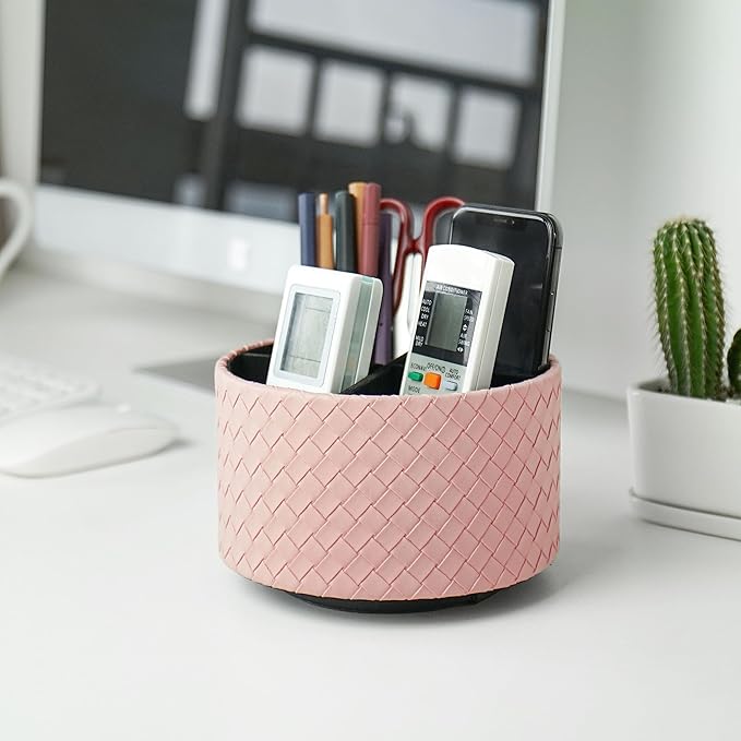 Hennaja Round Leather Art Supply Organizer,Remote Control Holder,360 Degree Spinning,Multi-Functional Pencil Holder,4 Compartments Desktop Stationary Organizer(1-Weave Pink)