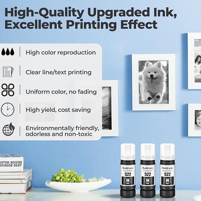 522 Black Ink Refill Bottles ET-2800 ET-4800 ET-2400 ET-2803 ET-2720 Replacement for T522 522 Ink Refill Bottles Black Use for Eco Tank ET-2400 ET-2720 ET-2800 ET-2803 ET-2840 ET-4800 ET-4810 Printers