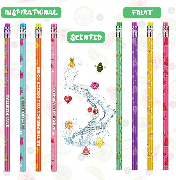 Leinuosen 96 Pieces Smelly Pencils for Kids Scented Cute Fruit Summer Colorful Inspirational Motivational Pencils with Eraser Bulk for Kids Students School Classroom Party Gifts Rewards, 8 Styles