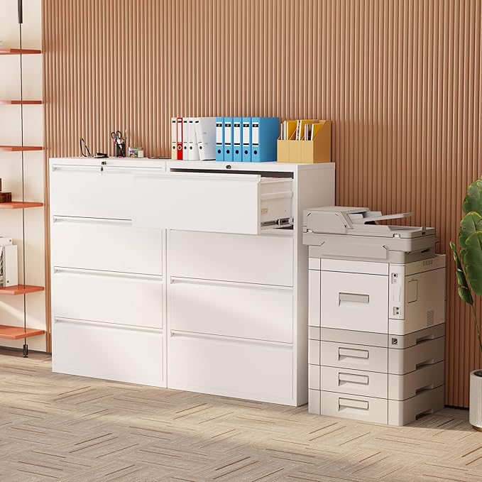 INTERGREAT 4 Drawer File Cabinet, White Lateral File Cabinet with Lock, 36" W Metal Office Filing Cabinet with Adjustable Frame for Legal, Letter, A4 Files