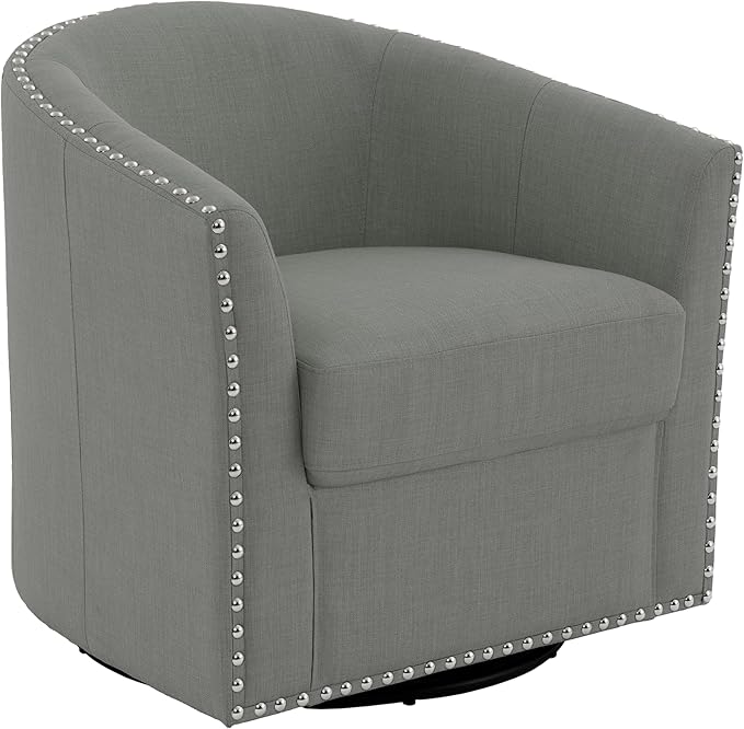 UIXE 360° Swivel Barrel Accent Chair Set of 2, Modern Upholstered Arm Chair Round Club Armchair, Nailhead Trim Single Sofa Seating in Fabric for Living Room - Light Gray