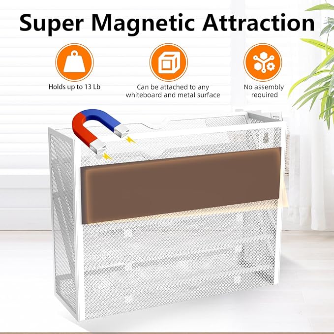 4 Tier Magnetic File Holder, Large Capacity Mesh Hanging Wall Organizer Vertical Magnetic Hanging File Organizer, Magnetic File Folder Holder for File Cabinets, Office, Whiteboard (White)