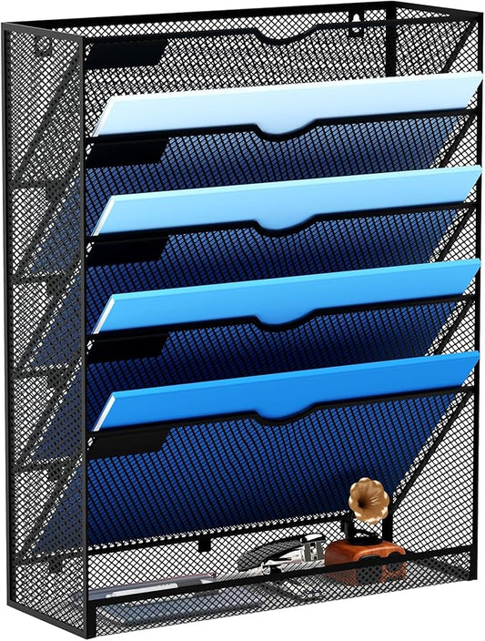 Hanging Wall File Organizer 6 Tier Wall Mounted Mail Paper Folder Holder Document Organization Stand, Vertical Desk Magazine Rack for Office Home Cubicle Countertop, Black