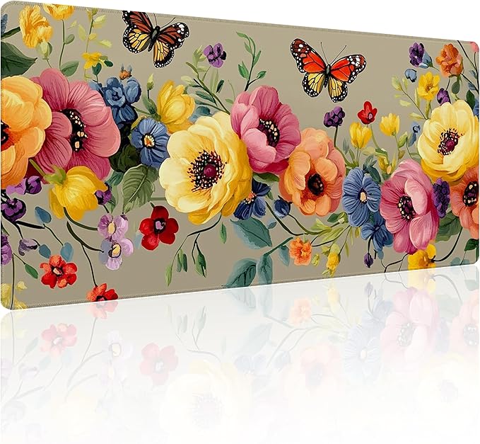 31.5”x11.8”Large Gaming Mouse Pad for Desk, Mouse Mat with Seamed Edges, Waterproof Desk Pad, Non-Slip Rubber Base, Keyboard Pad Computer Mat, Big XL Mousepad-Boho Floral with Butterflies
