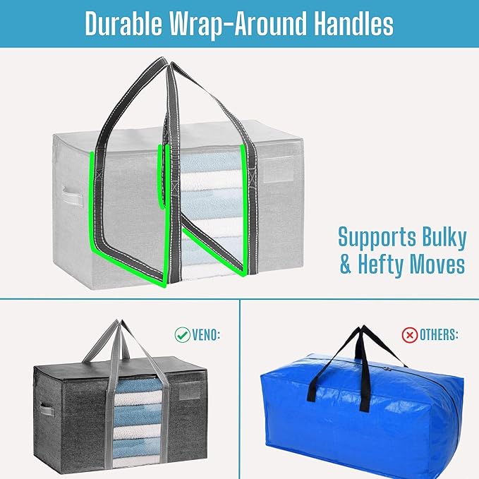 VENO 8 Pack Moving Bags, Moving Supplies, Moving Boxes, College Packing Storage Boxes with Lids Alternative, Heavy Duty Totes, Extra Large, Sturdy Handles, Zipper (Dark Gray with Window, 8 Pack)