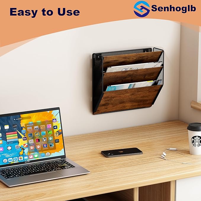 Metal Wall File Holder Organizer, 3-Tier Mesh Hanging Wall File Organizer, Magazine Rack with Pockets, Wood Document Holder for Office Home, Brown