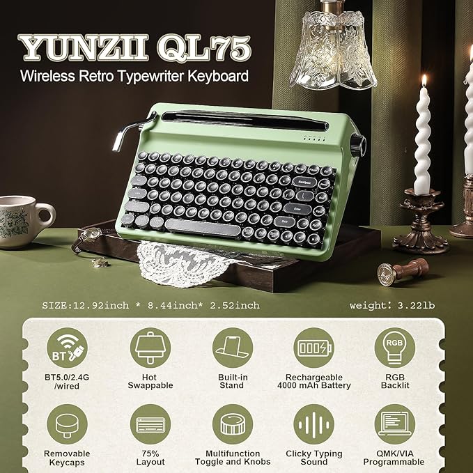 YUNZII QL75 Wireless Typewriter Hot Swap Retro Mechanical Keyboard,Punk Round Keycaps,RGB Backlit QMK/VIA Programmable, Multi-Device Keyboard with 2.4GHz/Type-C/BT5.0 (Green, Cocoa Cream V2 Switch)