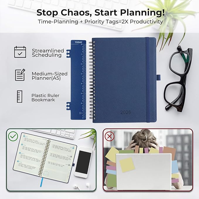Planner 2026 Daily Weekly and Monthly,8.5"x6.5",12 Months Spiral Bound Calendar Agenda with Self-adhesive Pen Holder,2026 Appointment Book with Vegan Leather Soft Cover,Blue