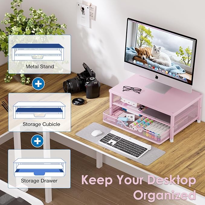 OPNICE Computer Monitor Stand Riser, Desk Organizers and Accessories with Drawer, Laptop Stand, Office Desk Accessories & Workspace Desktop Organizers Storage for Office Supplies(Pink)