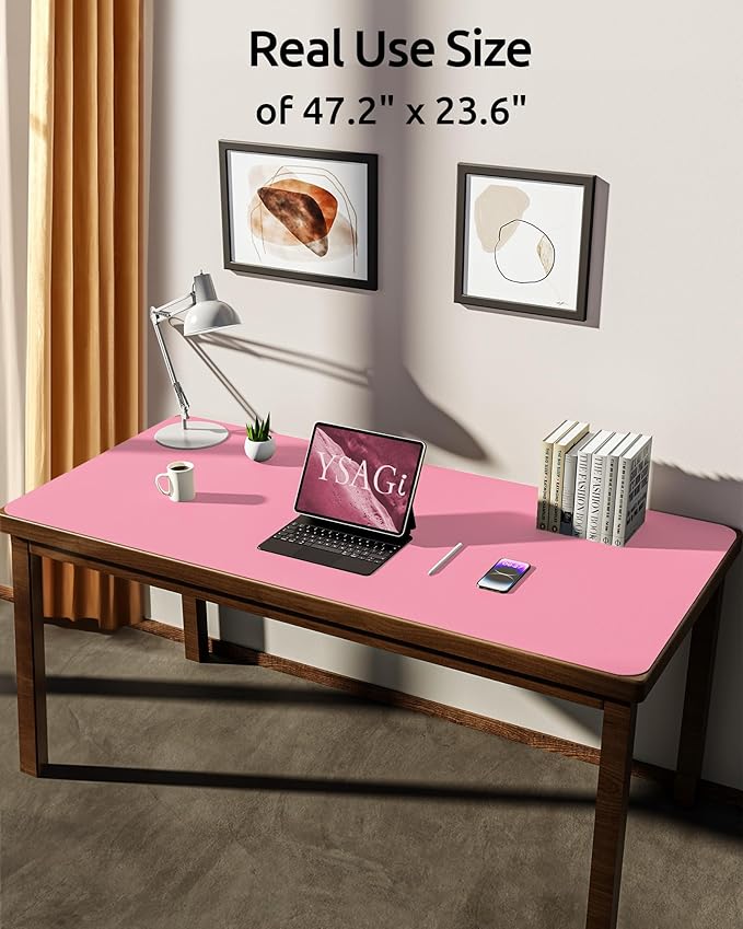 YSAGi Leather Desk Protector, Office Mat, Large Mouse Mat, Non-Slip PU Leather Blotter, Laptop Desk, Waterproof Writing Pad for Office and Home (Pink, 47.2" x 23.6")