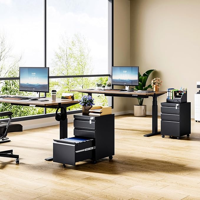 MIIIKO File Cabinet 3 Drawers on Wheels Under Desk, Black Metal Rolling File Cabinets with Lock for Home Office, Un-Assembled Filing Cabinet with Lock