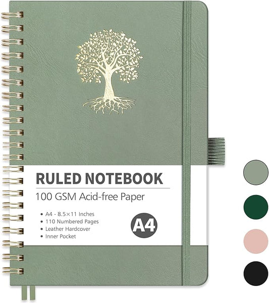 RETTACY Spiral Journal Notebook, 110 Numbered Pages, A4 Large Size (8.5'' x 11''), for Men & Women, Journaling, Writing, Work & Office, Leather Hardcover, 100 GSM Thick Paper (Light Green)