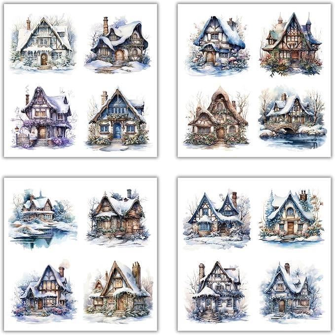 XERE 80 Pcs Quaint Cottages Four Seasons Sticker Book for Journaling Notebooks, Sketchbook, Bookmark Making, Junk Journal, Budget Planner, Scrapbook Art Supplies Stickers