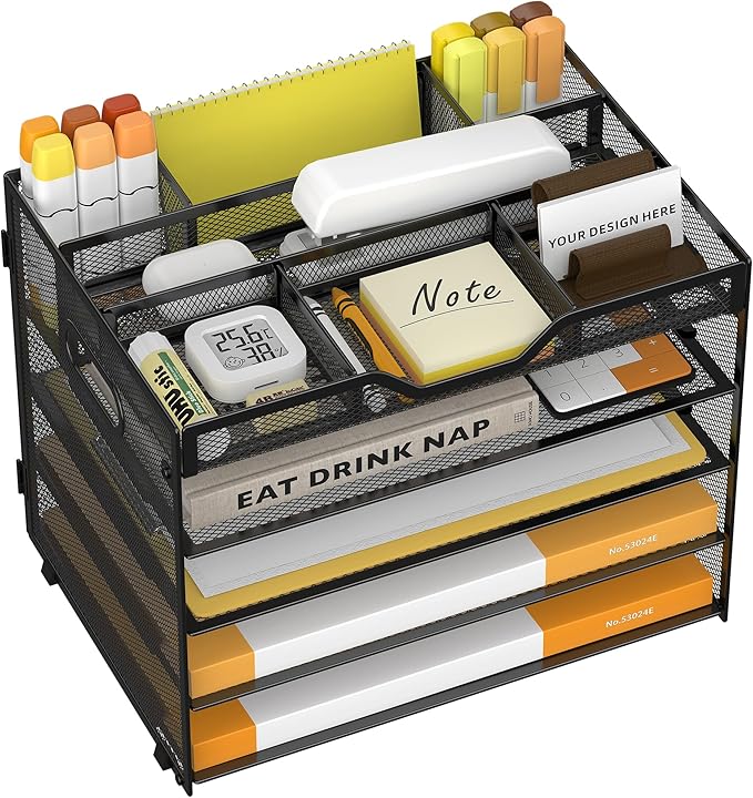 5 Tier Paper Letter Tray with 3 Drop-in Pen Holders, Mesh Desk File Organizer with Handle, Desk Organizers and Accessories for School,Home, Office Supplies Storage-Black