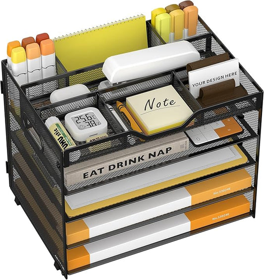 5 Tier Paper Letter Tray with 3 Drop-in Pen Holders, Mesh Desk File Organizer with Handle, Desk Organizers and Accessories for School,Home, Office Supplies Storage-Black