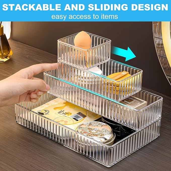 HOTOOLME 7PCS Clear Drawer Organizers Bins, 4 Size Stackable Makeup Drawer Organizer, Desk Plastic Drawer Storage Trays, Bathroom Drawer Storage for Cosmetics, Office Supply, Kitchen Utensils