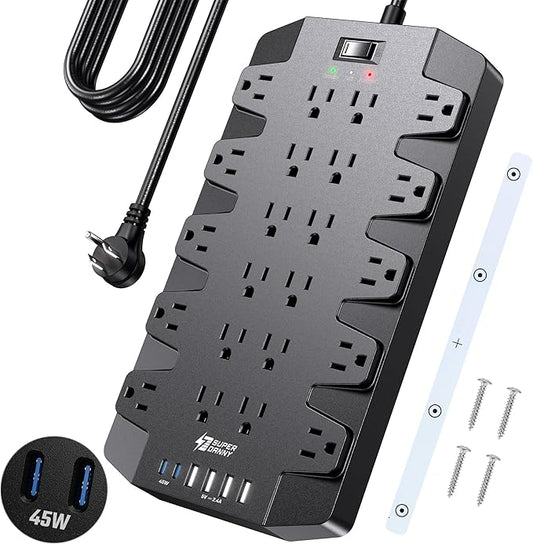 SUPERDANNY Power Strip Surge Protector with 10ft Extension Cord - 22 Outlets, 6 USB Ports, 45W Fast Charging - 1875W/15A, 2100J, 45°Plug, Mountable - Ideal for Home, Office, Gaming, PC, Streaming