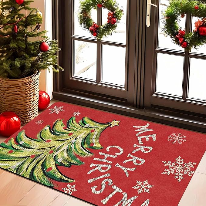 InterestPrint Christmas Doormat Outdoor Entrance Non-Slip Rug Front Porch Rugs, Christmas Tree Snowflakes Welcome Mat Front Door Rug Outdoor Funny Door Mat, 16" x 24" Inch