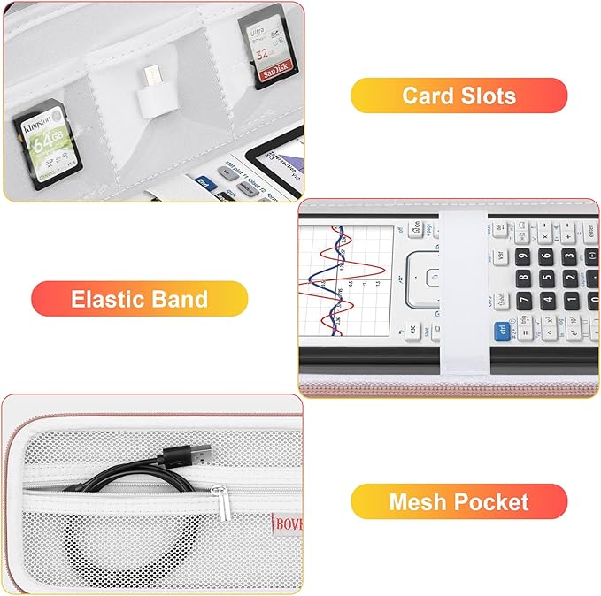 BOVKE Calculator Case for Texas Instruments TI-Nspire CX II CAS/CX II/CX CAS/CX Color Graphing Calculator and More - Extra Mesh Pocket for USB Cables and Other Accessories, White