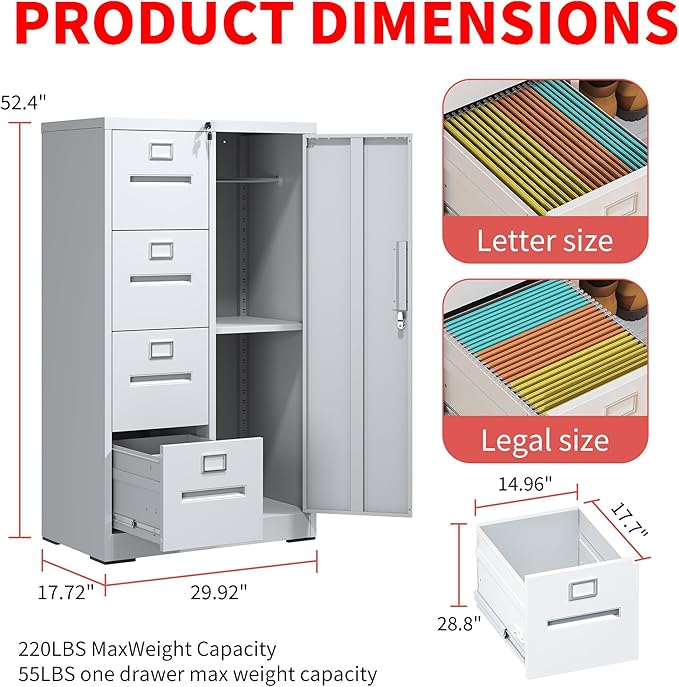 4 Drawer File Cabinet with 1 Door,Metal Storage Locker Cabinets for Employees,Home Office Filing Cabinets for Legal/Letter Size Files,Assembly Required