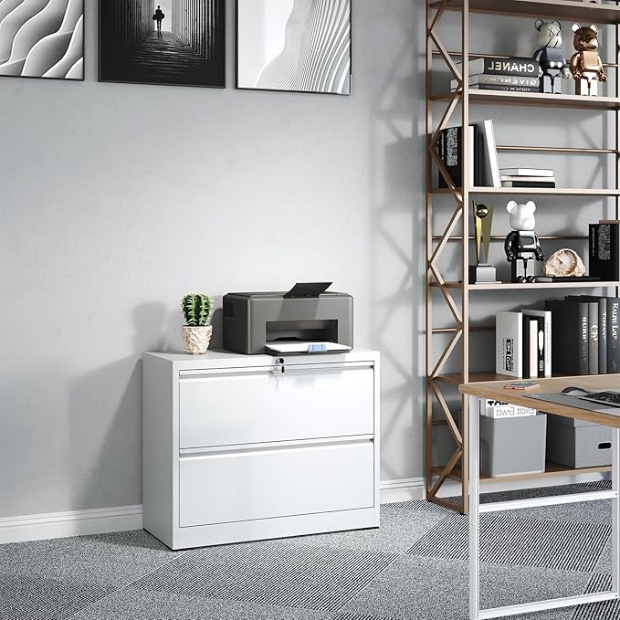 2 Drawer Lateral File Cabinet with Lock, Metal Lateral Filing Cabinet for Home Office, Steel Wide Horizontal Filing Cabinets for Letter/Legal/A4/F4 Hanging Files (White)