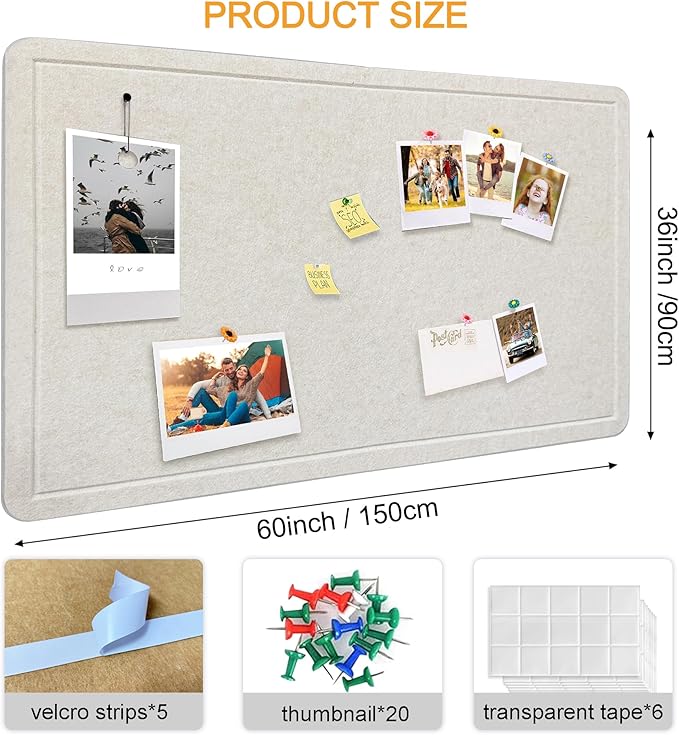 Large Bulletin Board - Foldable 36x60 Inches Cork Board Alternative with 20 Push Pins, 5' x 3' Self-Adhesive Felt Bulletin Board for Wall, Home Office Classroom Decor