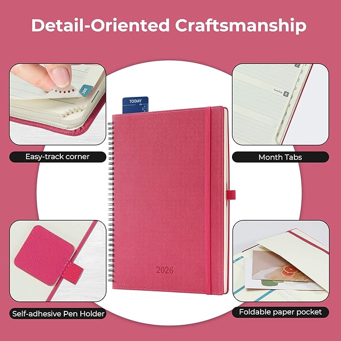 IN-LUXPRO Planner 2026 Daily Weekly and Monthly,11.5"x8.5",12 Months Spiral Bound Calendar Agenda with Self-adhesive Pen Holder,2026 Appointment Book with Vegan Leather Soft Cover,Rose Red