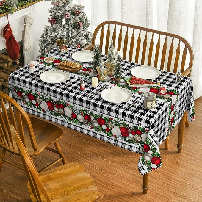 Horaldaily Christmas Tablecloth 60×84 Inch Rectangular, Christmas Ball Ornaments Black Bufalo Plaid Washable Table Cover for Party Picnic Dinner Decor