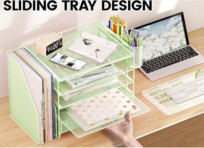 Desk Organizers and Accessories, 5-Tier Paper File Organizer with Drawer & Pen Holder, Office Desk Accessories Workspace Desktop Organizer for Office Supplies((Green)