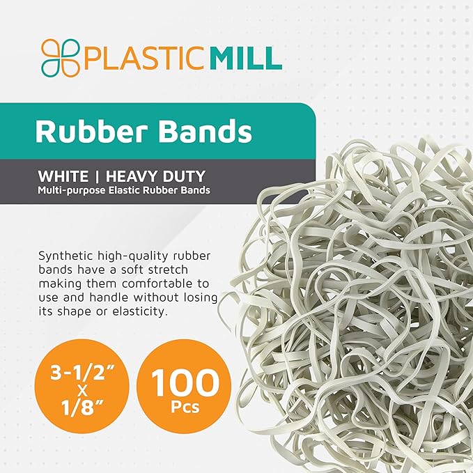 PlasticMill White Rubber Bands Size 33 (3 1/2" x 1/8") - #33 Rubber Bands Office Supplies - Strong, Elastic Bands for Crafts, Balloon Garland, Cash, File Folders (100-Pack)