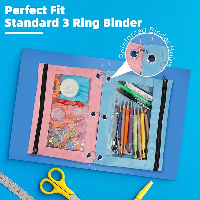 Pencil Pouch for 3 Ring Binder, 12 Pack Pencil Bags with Zipper, Large Capacity Pencil Case for Binder Assorted Color Pencil Case Pouch with Clear Window and Grommets Pencil Pocket for Office Supplies