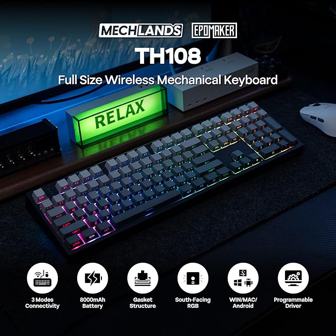 EPOMAKER TH108 Full Size Mechanical Keyboard, Wireless Gaming Keyboard, 8000mAh Battery, Creamy Gasket, 108 Keys, Hot Swap, Custom Driver, RGB Backlights (Black, Creamy Jade Switch)