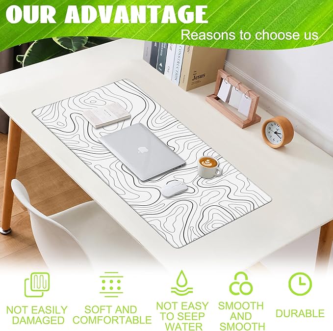 Desk Mat,White Topographic Contour Map Desk Pad,Topographic Contour Large Gaming Mouse Pad for Desk,Extended Big Computer Keyboard Mouse Pad with Non-Slip Base and Stitched Edge,35.4"x15.7"