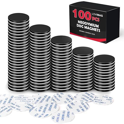 LOVIMAG Super Strong Neodymium Disc Magnets, Powerful Permanent Rare Earth Magnets with Double-Sided Adhesive for Fridge, DIY, Building, Scientific, Craft, and Office-1.26 x 1/8 inch-Black Pack of 100